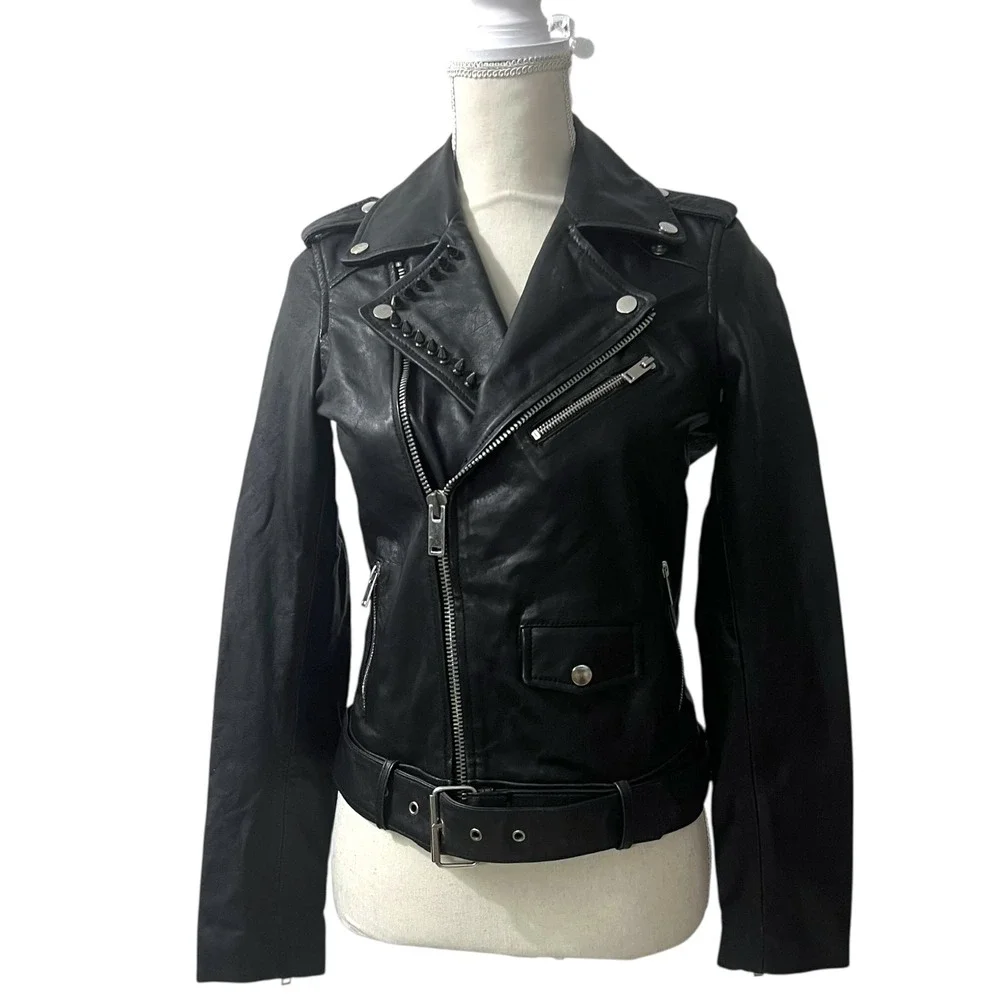 Barneys Originals Black Real Leather Studded Moto Jacket Fetish Back Size 4 - Picture 6 of 9